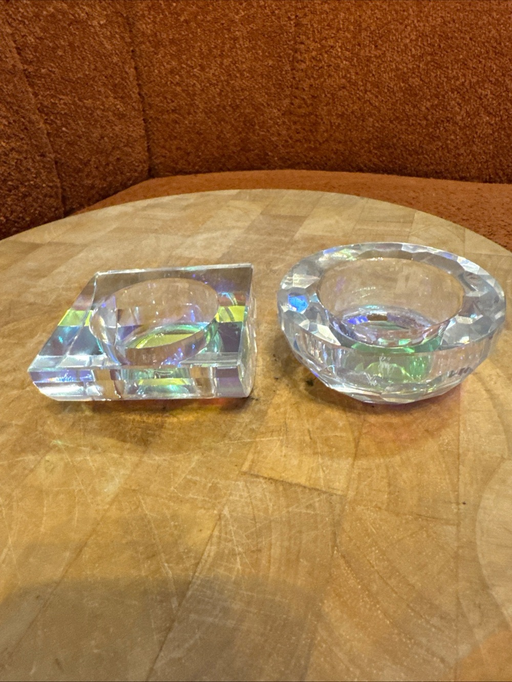 VTG Oleg Cassini Pink Faceted Crystal Tealight Candle Holders Set 2  Signed